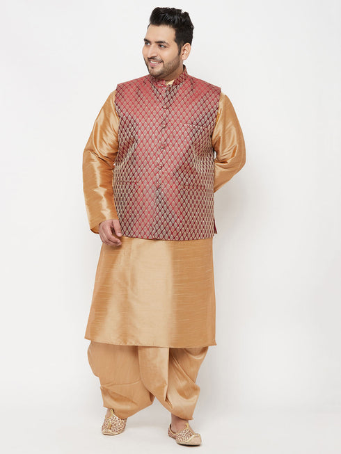 Vastramay PLUS Men's Maroon Nehru Jacket With Rose Gold Kurta And Dhoti Set